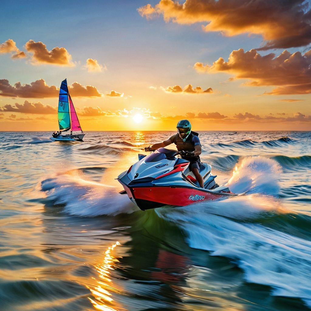 A dynamic coastal scene showcasing a sailboat gracefully gliding alongside a colorful jet ski zipping through the waves. The background features a serene horizon with a bright sun setting, casting vibrant colors across the sky. Add elements of insurance symbols, like a shield or checkmark, subtly integrated into the water. The overall feel should reflect adventure and safety on the water. super-realistic. vibrant colors. dynamic composition.
