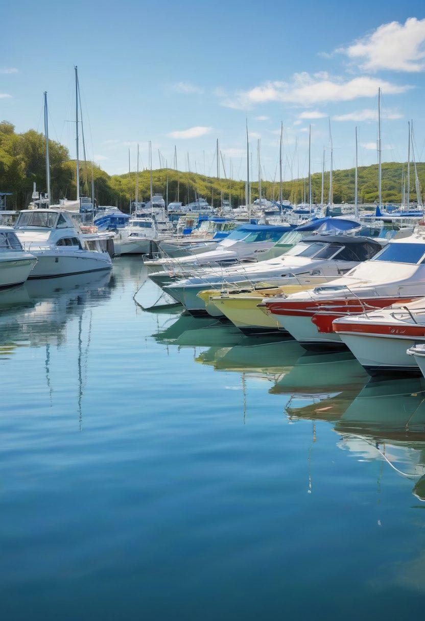A serene marina filled with various boats under a bright blue sky, highlighting a couple examining insurance paperwork with a boat in the background. There are safety gear, life jackets, and a calm water reflection illustrating security and protection, conveying peace of mind while investing in boating. soft pastel colors. realistic. vibrant details.