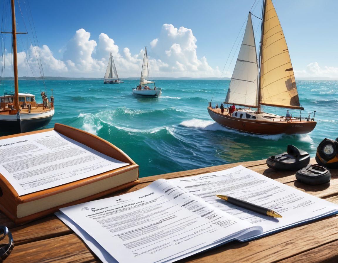 A scenic view of various watercrafts including sailboats, motorboats, and jet skis navigating through vibrant ocean waves under a sunny sky. The foreground features a detailed insurance document partially unrolled on a wooden dock with nautical tools scattered around. In the background, a friendly marine insurance agent is discussing with a boat owner, symbolizing guidance and coverage options. super-realistic. vibrant colors. 3D.